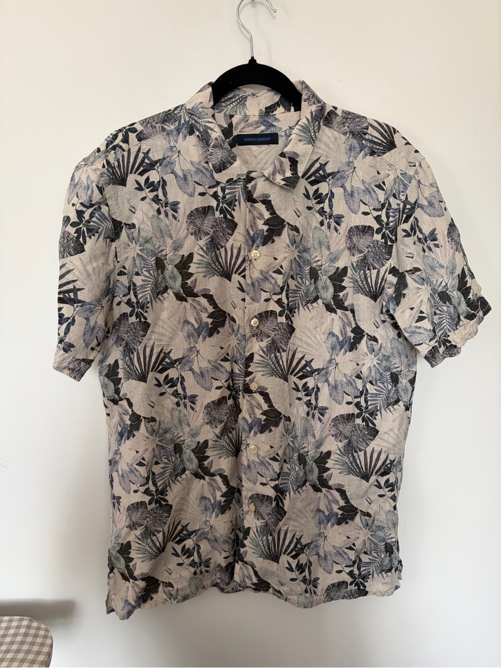 Patrick Assaraf Linen Button-Down Shortsleeve Botanical Print Men’s Shirt - L